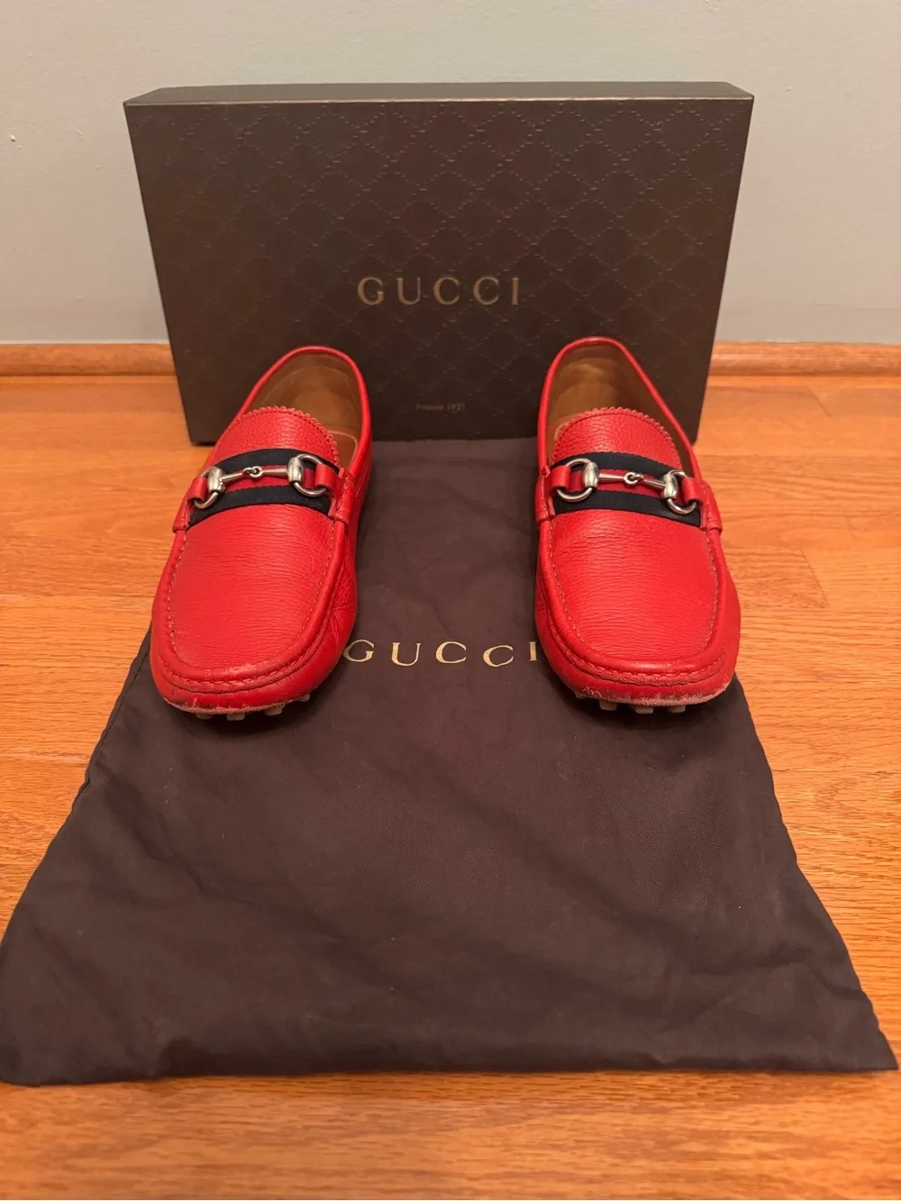 Gucci Red Leather Horsebit Loafers with Black Web Trim